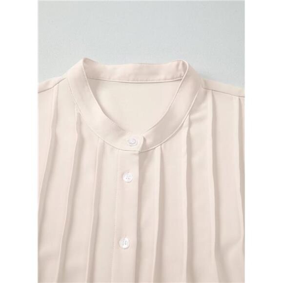 Women’s Chiffon Button Down Blouse | Mandarin Collar Pleated Tunic Top - Picture 5 of 6
